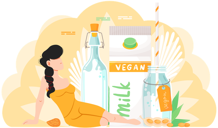 Woman in yellow dress lying near packs with natural drink  Illustration