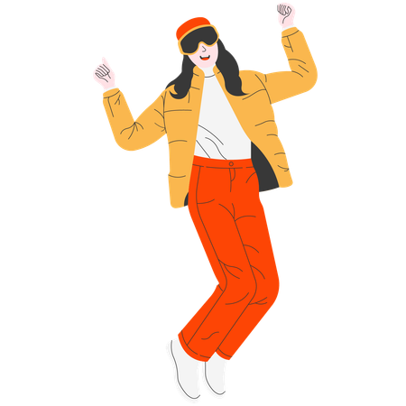 Woman in yellow jacket jumping happily in winter  イラスト