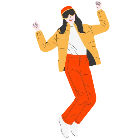 Woman in yellow jacket jumping happily in winter  Illustration