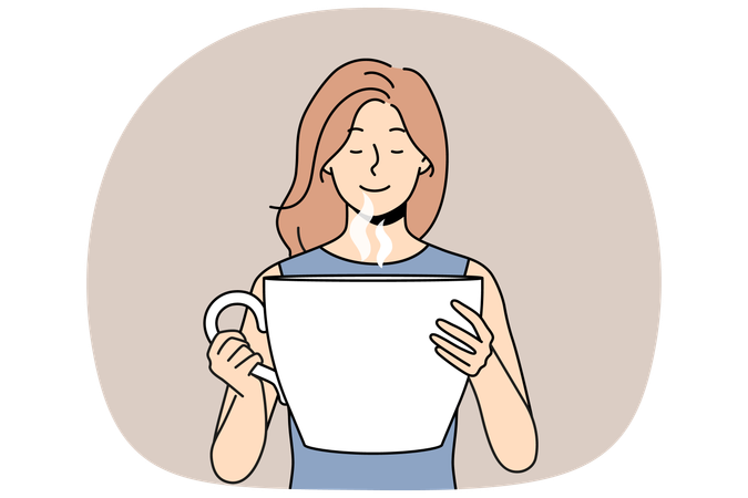 Woman inhales aroma of invigorating coffee and holds huge mug of drink for morning awakening  Illustration
