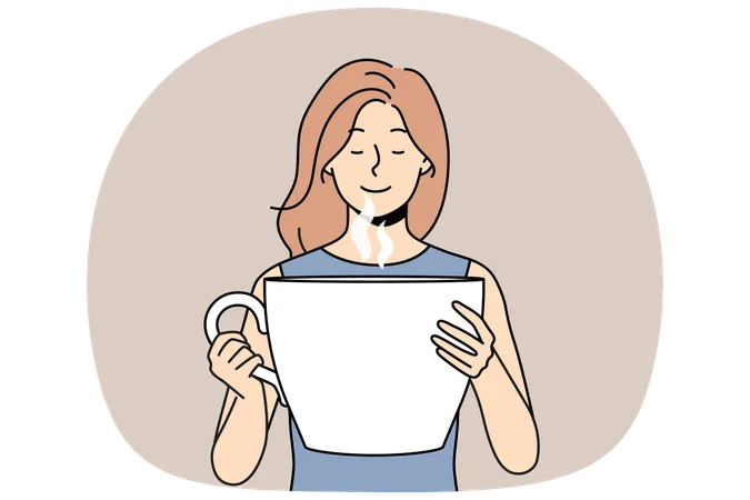 Woman inhales aroma of invigorating coffee and holds huge mug of drink for morning awakening  Illustration