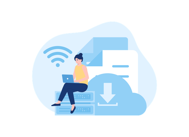 Woman inputs data into cloud storage  Illustration
