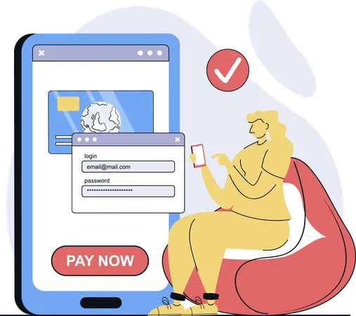 女性が支払いのためにログイン情報を入力する  イラスト