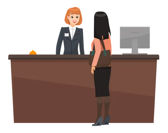 Woman inquiring at the hotel reception desk  Illustration