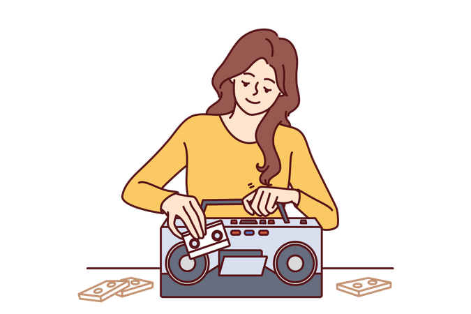 Woman inserts tape cassette into player to turn on music  Illustration
