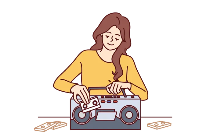 Woman inserts tape cassette into player to turn on music  Illustration