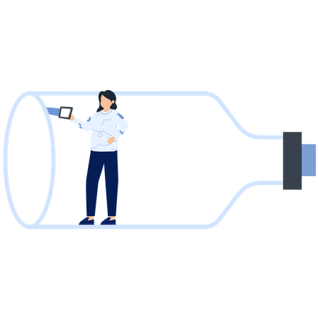Woman Inside Bottle Holding Tablet  Illustration