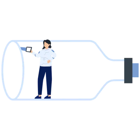 Woman Inside Bottle Holding Tablet  Illustration