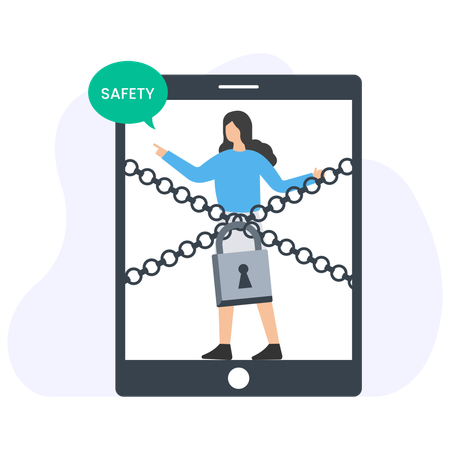 チェーンと南京錠でロックされながら、スマートフォンの中の安全メッセージを指差している女性  イラスト
