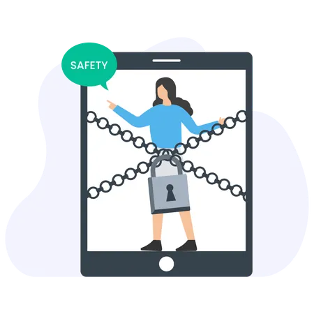 チェーンと南京錠でロックされながら、スマートフォンの中の安全メッセージを指差している女性  イラスト