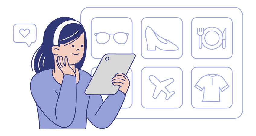 Woman Interacting with Data Driven Recommendation System  Illustration