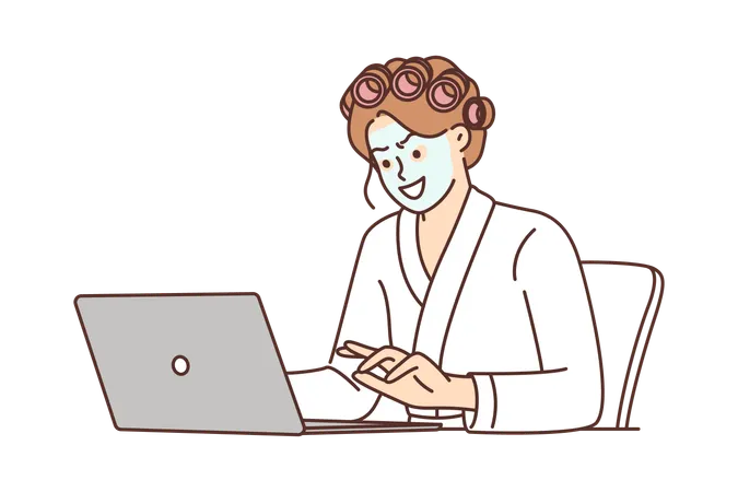 Woman Internet Troll And Hater Uses Laptop Sitting At Home With Mask On Face And In Curlers Crazy Troll Girl Spreads Gossip And Fake News Or Uses Hate Speech When Communicating On Forums Illustration