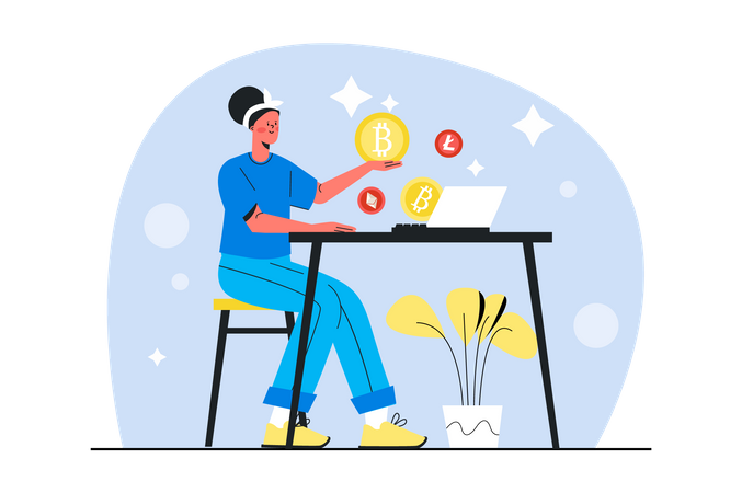 Woman investing cryptocurrency market  Illustration