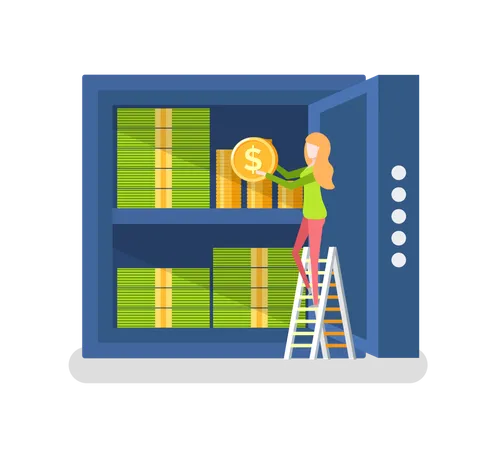 Woman With Monet Vector Financial Operation With Coin And Banknotes Dollars Of American Lady On Ladder Management And Saving Isolated Flat Style イラスト