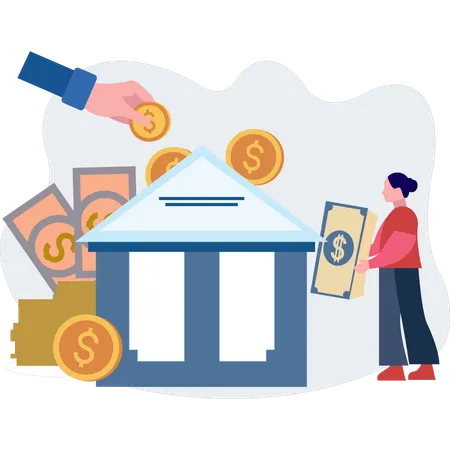 A Girl Is Investing Money In A Bank For Business Illustration