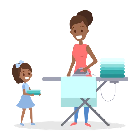 Woman Iron Clothes On Ironing Board Daughter Helps Mother Idea Of Domestic Work And Laundry Housework Concept Flat Vector Illustration Illustration