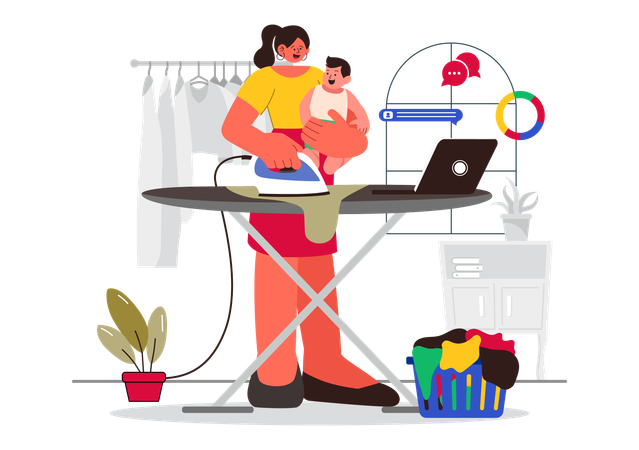 Woman ironing clothes while handling baby  Illustration