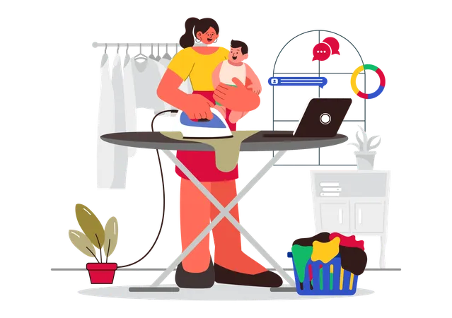 Woman ironing clothes while handling baby  Illustration