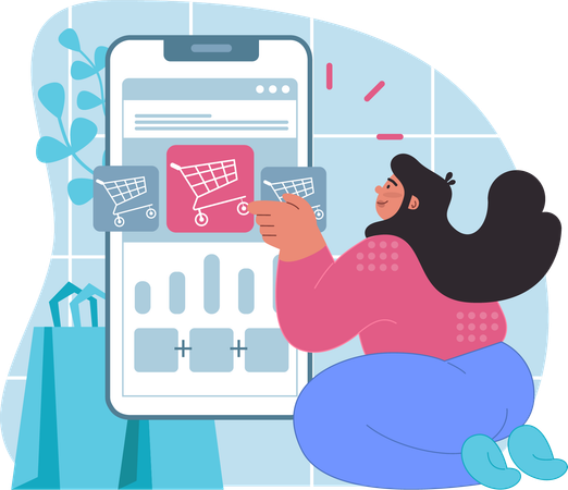 Woman is adding items in shopping cart  Illustration