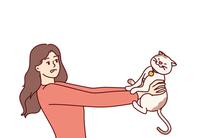 Woman is allergic to kitten and flying fur from pet and needs to take allergen suppressant pill  Illustration