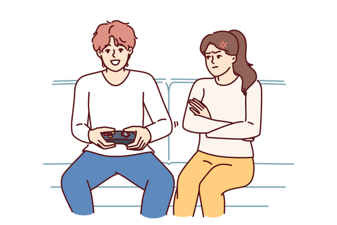 Woman is angry at husband who plays video game  Illustration