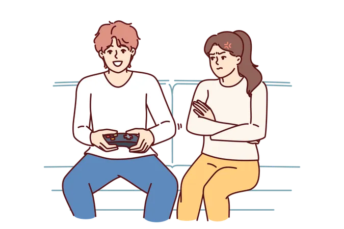 Woman Is Angry At Husband Who Plays Video Game And Does Not Want To Do Housework Disgruntled Girl Sits On Couch Near Boyfriend Who Is Keen On Video Game Persuading Him To Go For Walk Illustration