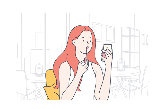 Woman is applying lipstick in office  일러스트레이션