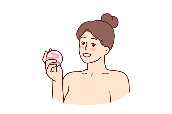 Woman With Bath Bomb In Hands Smiles As She Prepares To Take Bath With Aromatic Substances Happy Girl With Bare Shoulders Demonstrates Bomb For Comfortable Water Treatments Or SPA Illustration