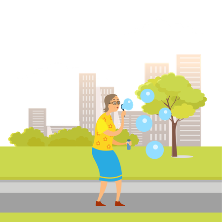 Woman is blowing bubbles in park  Illustration