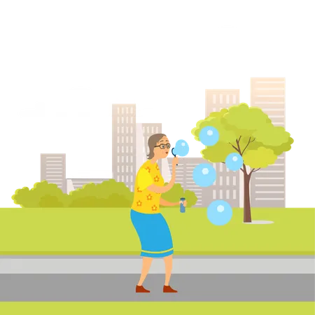 Woman is blowing bubbles in park  Illustration