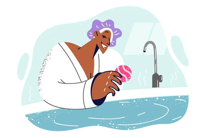 Woman In Bathrobe Uses Bath Bomb Wanting To Do Aromatherapy And SPA Treatments Aromatic Bath Bomb In Hands Of Girl With Cap To Protect Hair From Moisture While Preparing For Hygienic Procedures イラスト