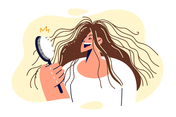 Shaggy Woman Is Holding Comb And Laughing Seeing Electrified Hair Sticking Out In Different Directions Cheerful Shaggy Girl Is Experiencing Positive Emotions And Does Not Want To Take Care Hairstyle Illustration