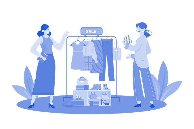 Woman is buying clothes and female accessories from shop  Illustration