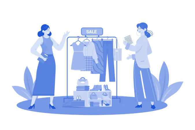 Woman is buying clothes and female accessories from shop  Illustration