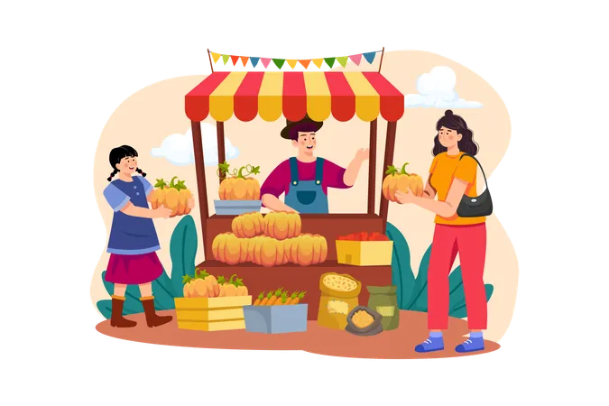 Woman Is Buying Pumpkins To Decorate For Thanksgiving Day Illustration