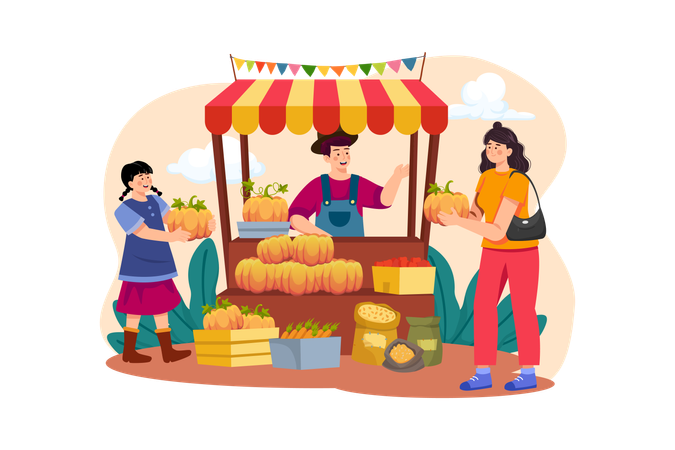 Woman Is Buying Pumpkins To Decorate For Thanksgiving Day  Illustration