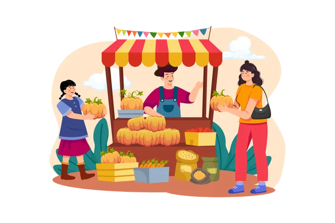 Woman Is Buying Pumpkins To Decorate For Thanksgiving Day  Illustration