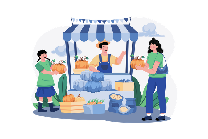 Woman Is Buying Pumpkins To Decorate For Thanksgiving Day  Illustration