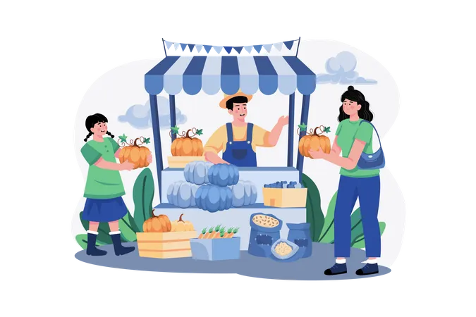 Woman Is Buying Pumpkins To Decorate For Thanksgiving Day  Illustration