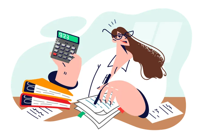 Woman Tax Inspector Holds Calculator And Smiles Sits At Office Desk And Shows Amount Debt Revealed After Checking Documents Girl Tax Inspector Or Accountant Helping To Draw Up Financial Papers Illustration