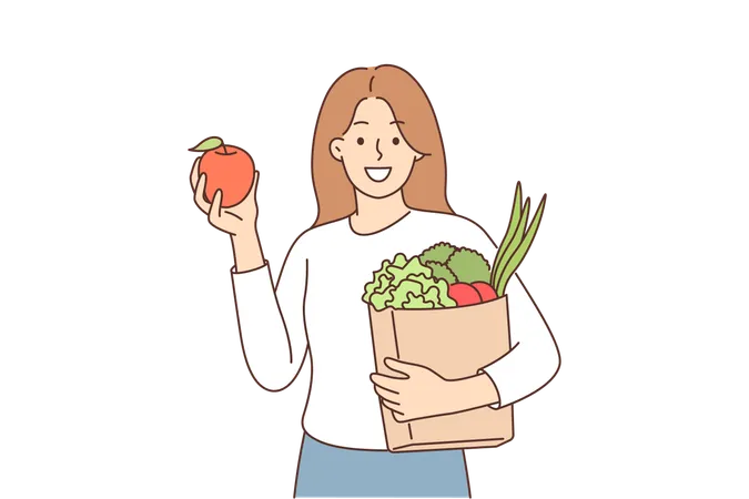 Woman Buyer Bought Fruits And Vegetables In Grocery Supermarket And Holds Paper Bag Recommending To Refuse Plastic Packaging Girl Buyer Of Organic Food Store Smiles And Looks At Screen Illustration
