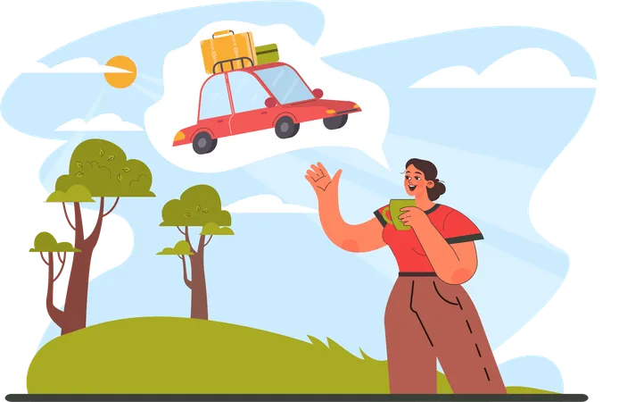Woman is carrying luggage bags on car  Illustration