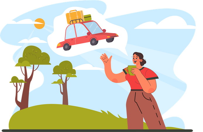 Woman is carrying luggage bags on car  Illustration