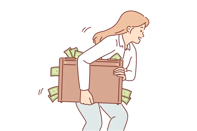 Woman is carrying suitcase of money  イラスト