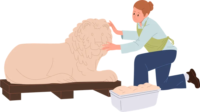 Woman Sculptor Cartoon Character Making Clay Lion Figure Enjoying Creative Hobby Or Job Profession Isolated On White Talented Female Artist Modeling Decorative Animal Sculpture Vector Illustration Illustration