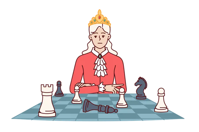 Woman Monarch Plays Chess To Develop Strategic Thinking And Awaits Opponent Move With Haughty Look Beautiful Queen Sits Near Chess Board Wanting To Beat Opponent In Sports Tournament Illustration