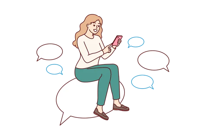 Woman Is Chatting On Mobile Phone Sitting On Speech Bubble And Typing SMS Or Comment On Social Networks Girl Chatting Using Messenger Applications For Smartphones With Ability To Send Messages Illustration