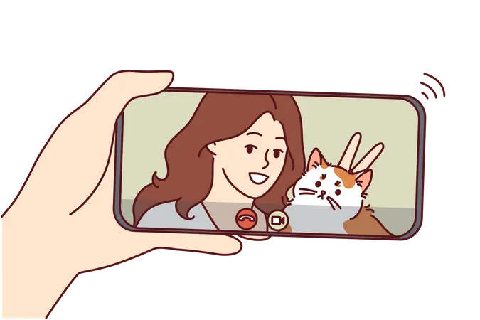 Woman is chatting on phone with her pet cat in her hand  Illustration