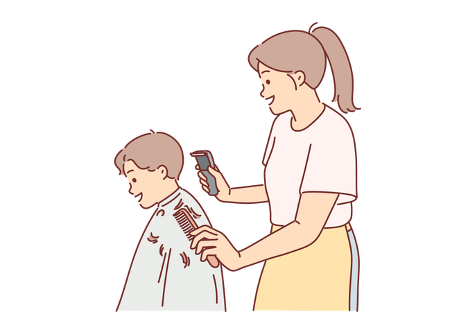 Woman is child's hairdresser  イラスト