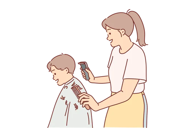 Woman Children Hairdresser Cuts Little Boy Hair And Holds Trimmer And Comb In Hands Girl Hairdresser Serves Client Of Elementary School Student Or Makes Fashionable Hairstyle For Child Illustration